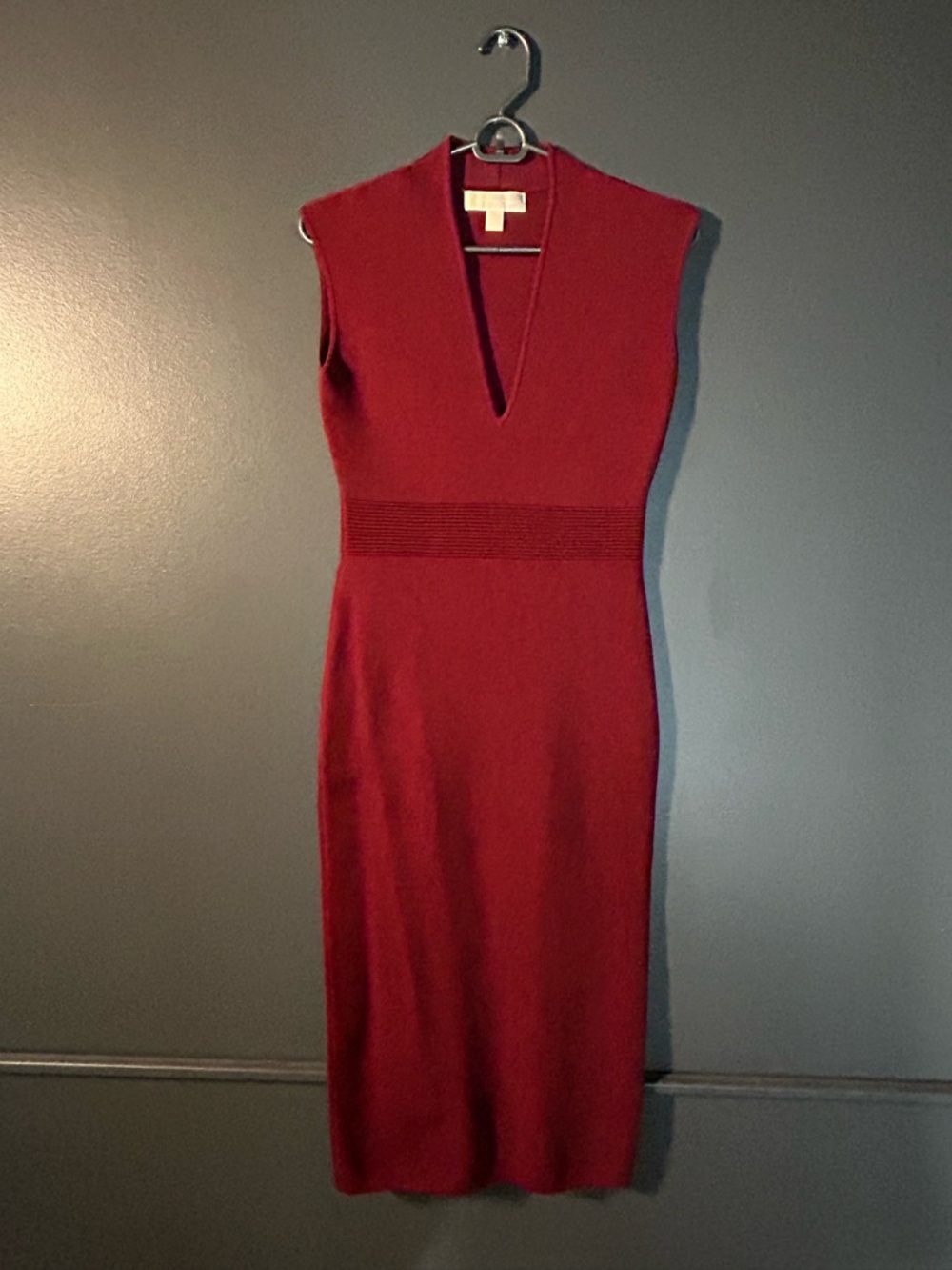 Michael Kors Sleeveless V-Neck Midi Dress in Deep Red